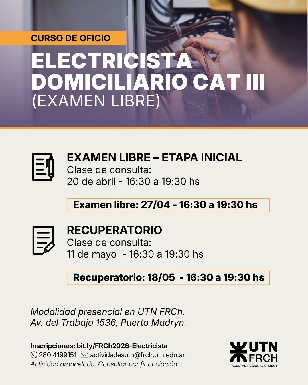 UTN Chubut lanza nuevas capacitaciones en electricidad con salida laboral y certificación